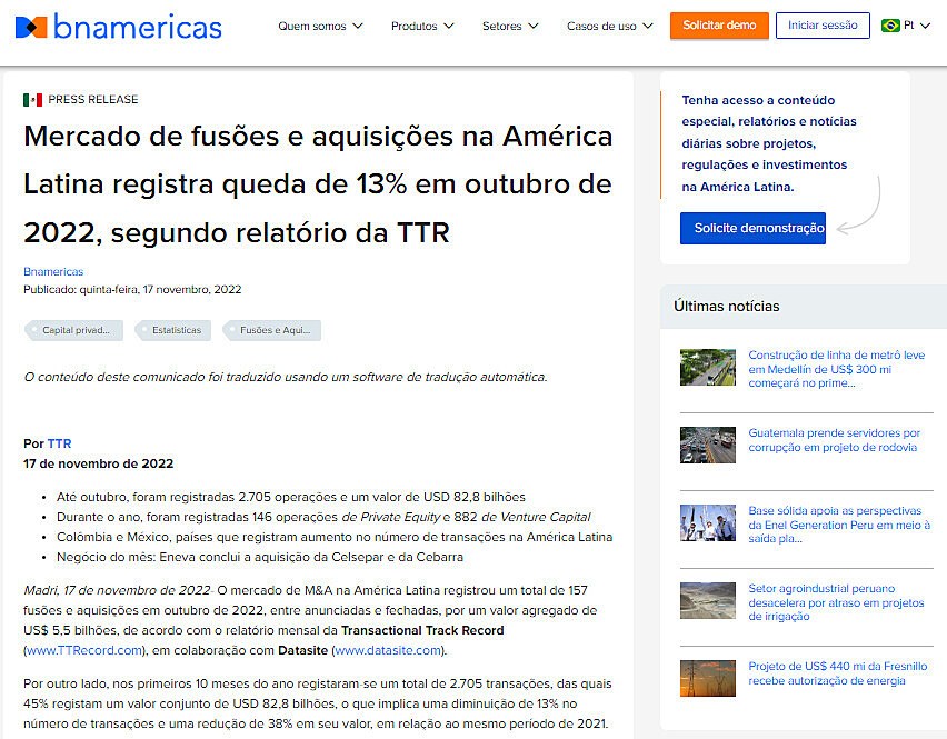 Mercado de fusões e aquisições na América Latina registra queda de 13% em outubro de 2022, segundo relatório da TTR